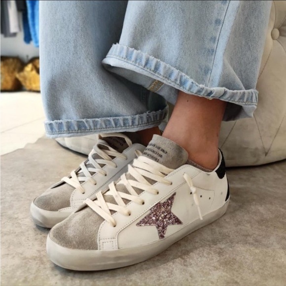 Golden Goose Shoes - Golden Goose Superstar Sneaker White Leather/Taupe/Black/Mauve Glitter sz 40 NIB